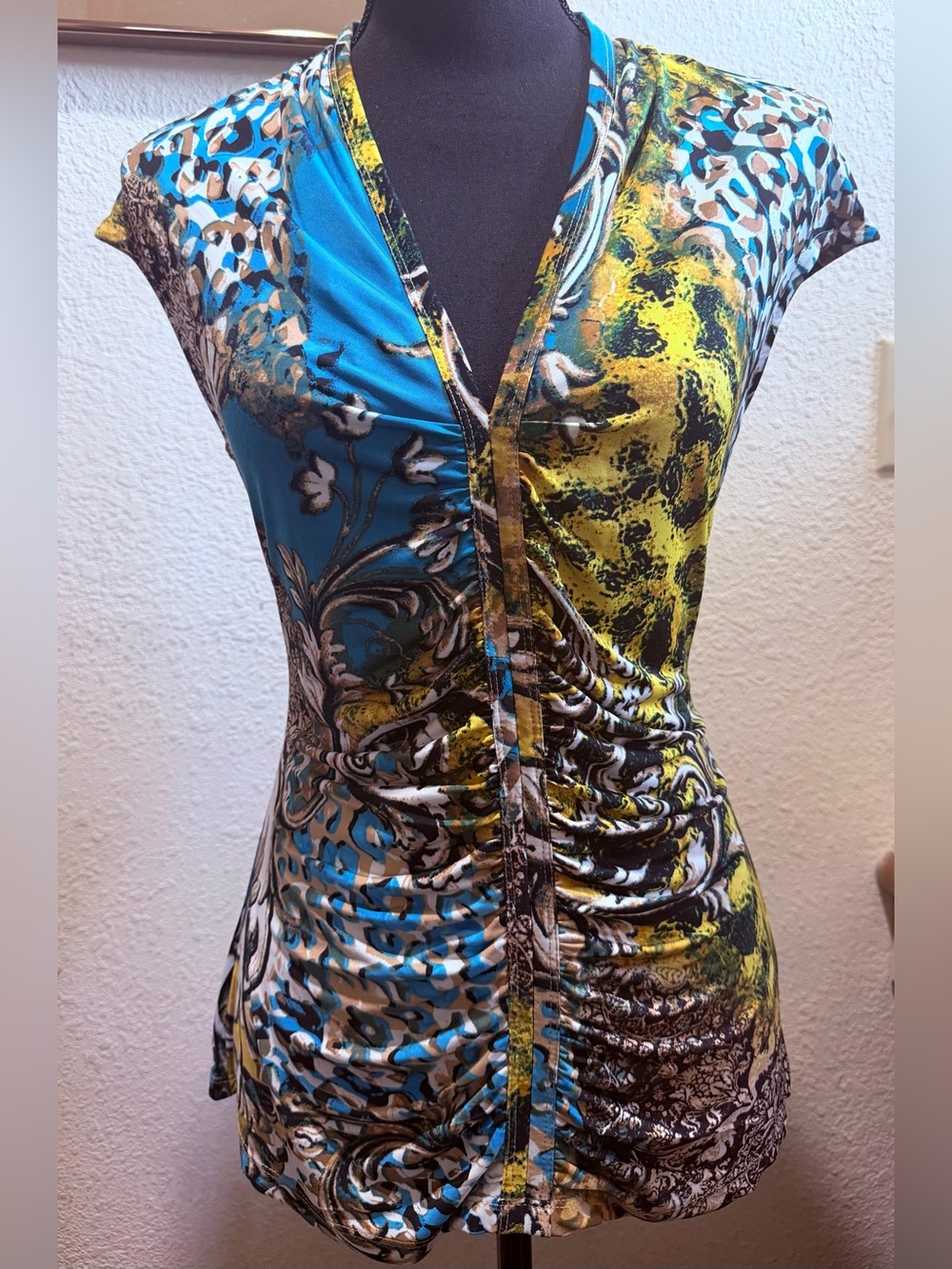 Cache Blue and Yellow Abstract Ruched V-Neck Top